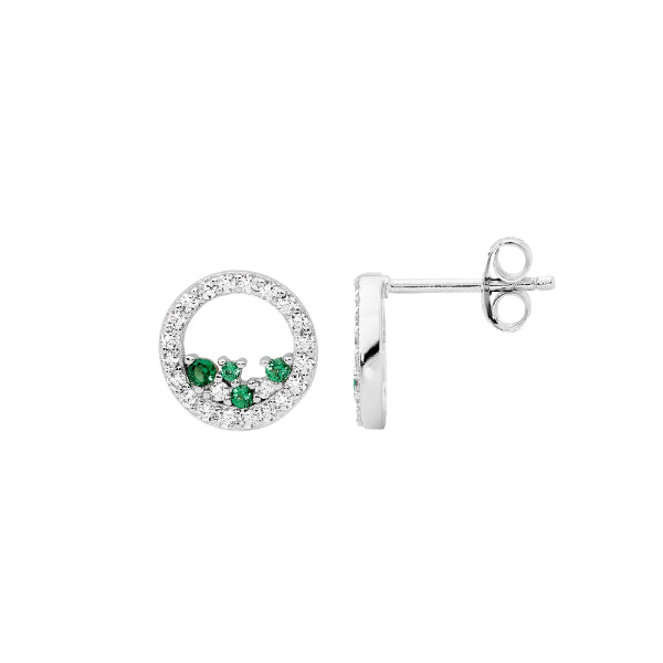 Ellani silver open circle studs with green & white cubic zirconia