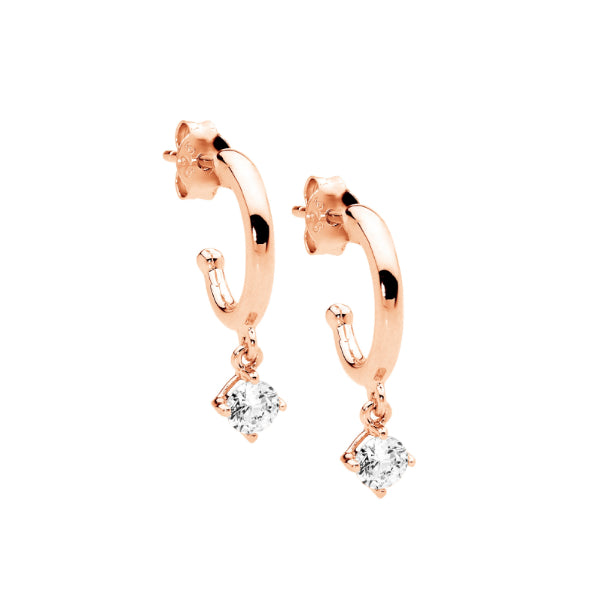 Ellani rose gold plated sterling silver hoops with claw set cubic zirconia drop