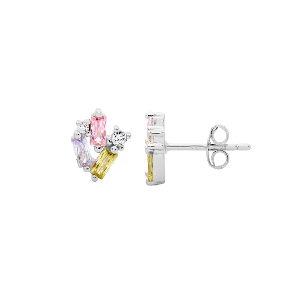 Ellani silver stud earrings with staggered pastel czs