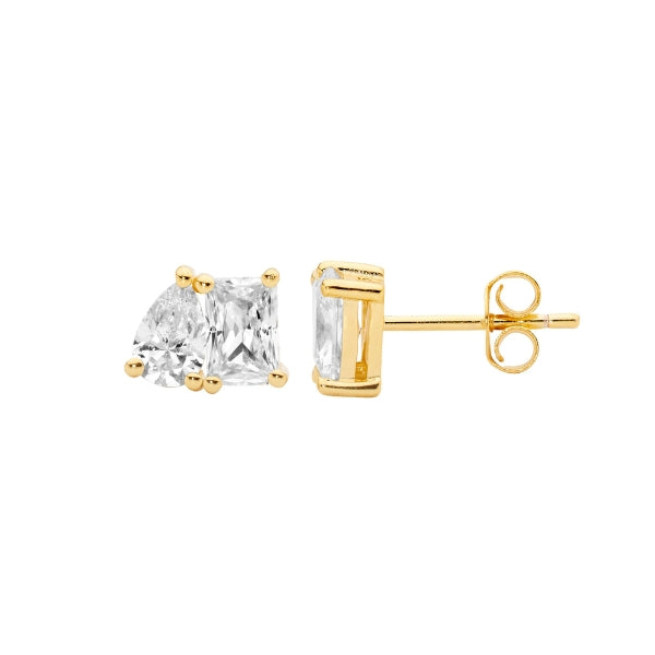 Ellani gold plated silver earrings with emerald & pear cut white cubic zirconia