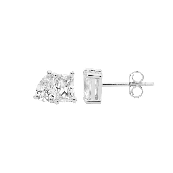 Ellani emerald & pear cut white cubic zirconia silver stud earrings