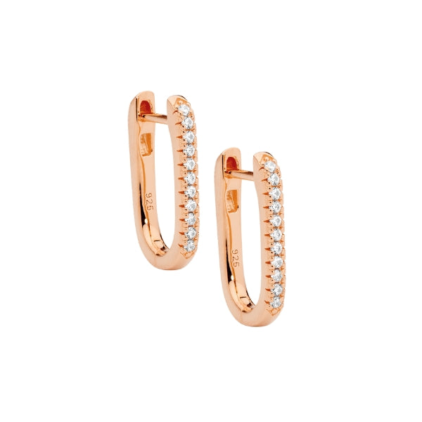 Ellani rose gold plated silver oval huggie hoop earrings with white cubic zirconia - 18mm