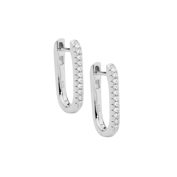 Ellani silver oval huggie hoop earrnings with white cubic zirconia - 18mm