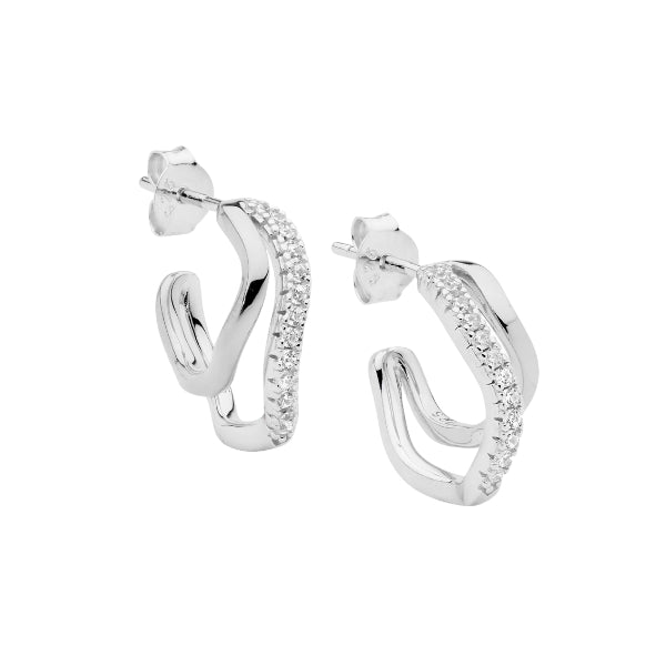 Ellani silver double wave hoop with white cubic zirconia
