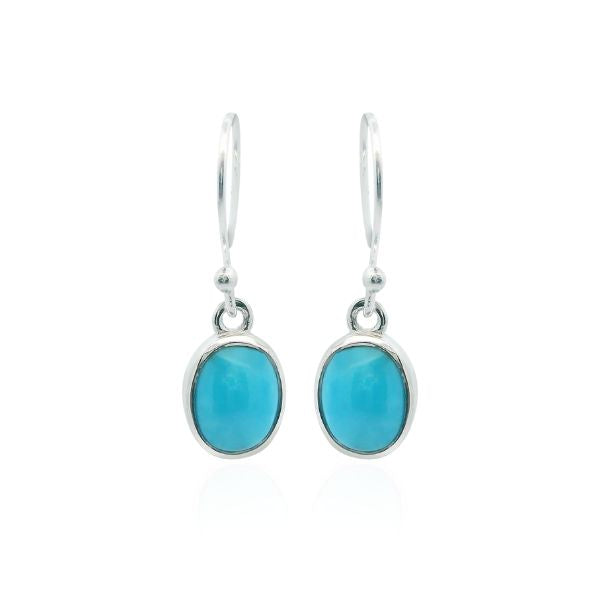 Oval rubover set turquoise hook earrings in sterling silver