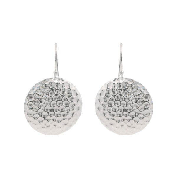 Round textured disc on hook earrings in sterling silver