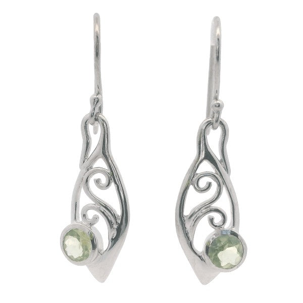 Filigree leaf shaped drop earrings on hooks in sterling silver