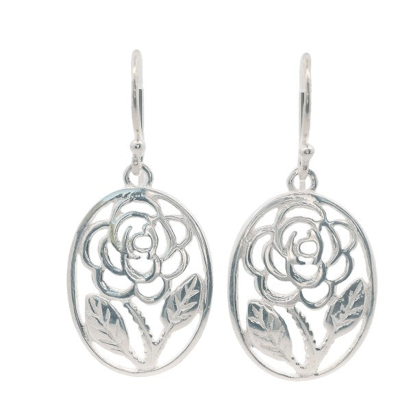 Oval rose design drop earrings in sterling silver