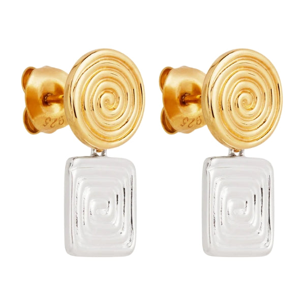 Najo - Spiral and square drop stud earrings in sterling silver and gold plate
