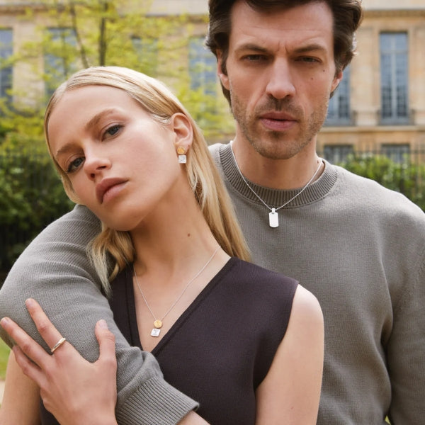 Najo - Spiral and square drop stud earrings in sterling silver and gold plate