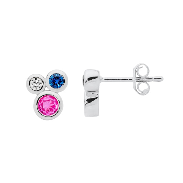 Ellani multi coloured bezel set cz stud earrings in sterling silver