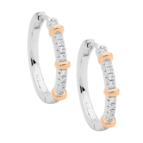 Ellani cz hoop earrings with rose gold accents in sterling silver