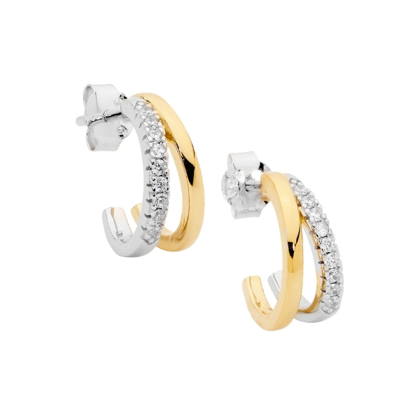 Ellani cz double hoop earrings in sterling silver and gold plate