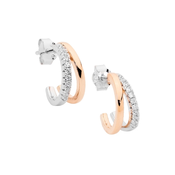 Ellani cz double hoop earrings in sterling silver and rose gold plate