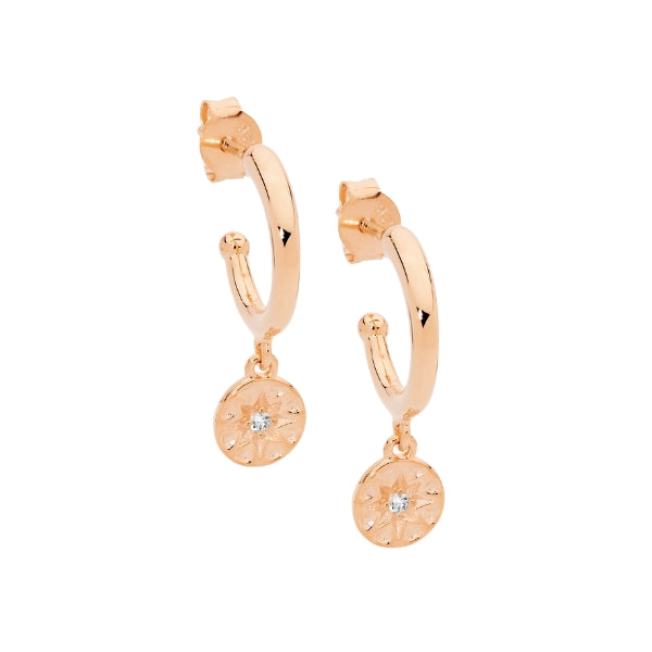 Ellani hoop earrings with cz star disc in rose gold plated sterling silver - 13mm