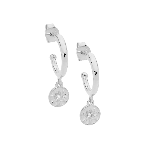 Ellani hoop earrings with cz star discs in sterling silver - 13mm