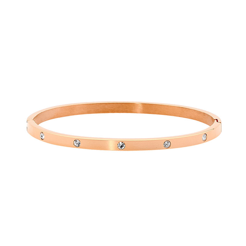 Ellani cz set hinged bangle in rose gold plated stainless steel