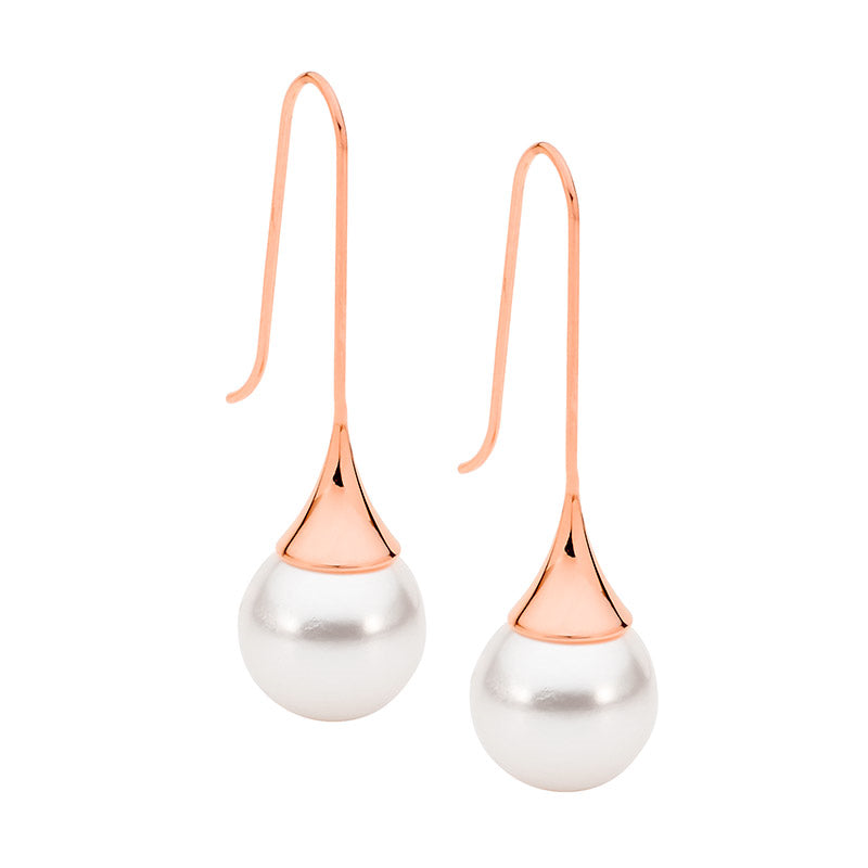 Ellani shell pearl ball drop earrings in rose gold plated stainless steel