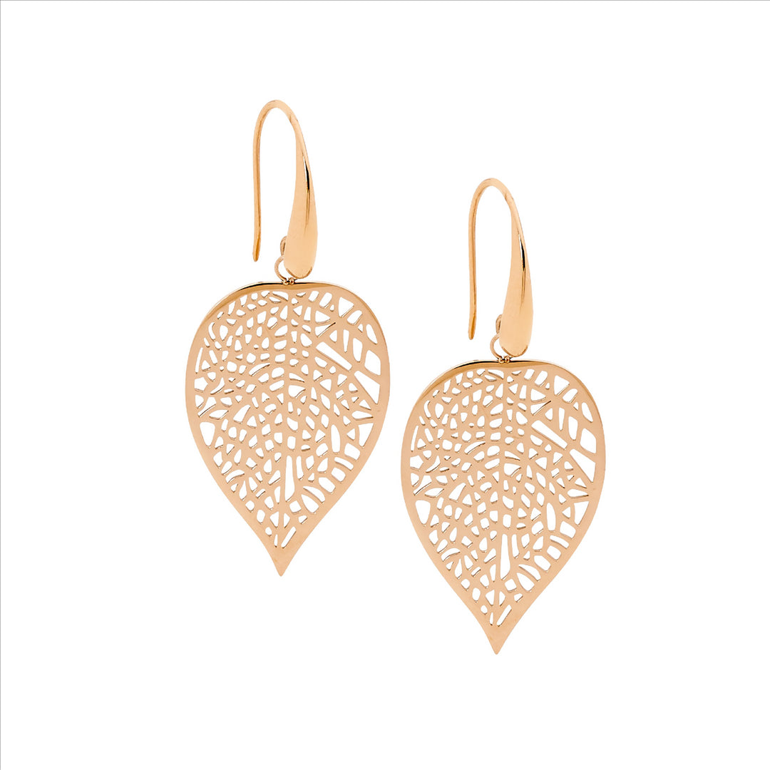 Ellani leaf drop earrings in rose gold plated stainless steel