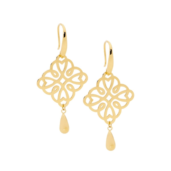 Ellani filigree square teardrop earrings in gold plated stainless steel
