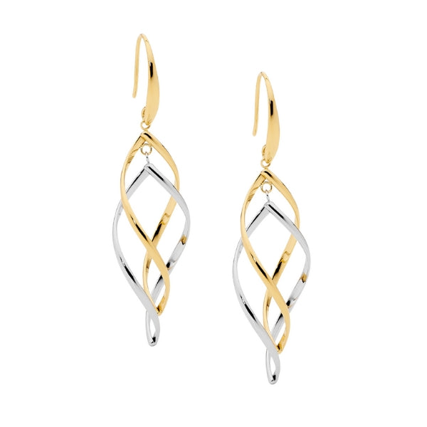 Ellani open double twist drop earrings in 2 tone gold plate and stainless steel