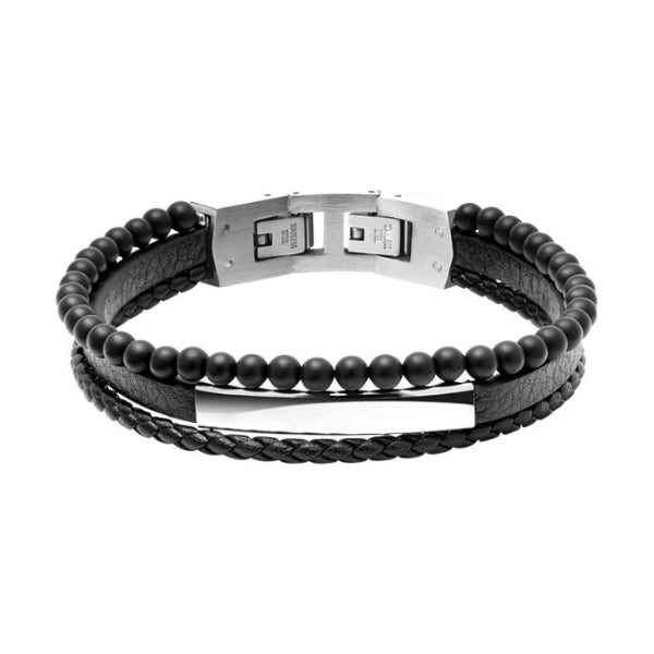 Rochet yale men's black agate three strand leather bracelet