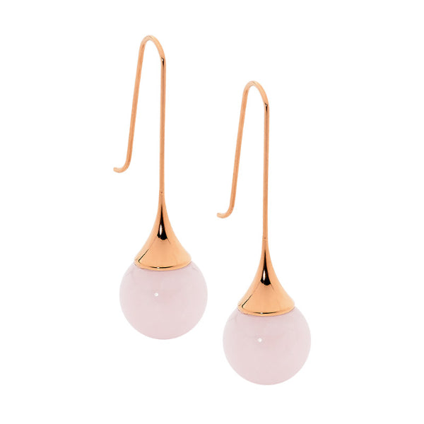 Ellani ball drop earrings in rose gold plated stainless steel with 12mm rose quartz ball