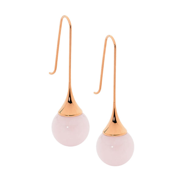 Rose plated Steel fixed drop earring with 12mm Rose Quartz Ball