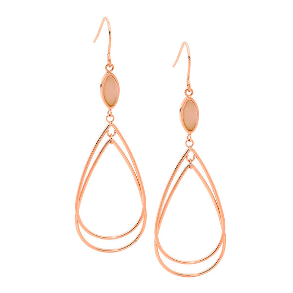 Ellani double drop earrings with pink glass in rose gold plated stainless steel