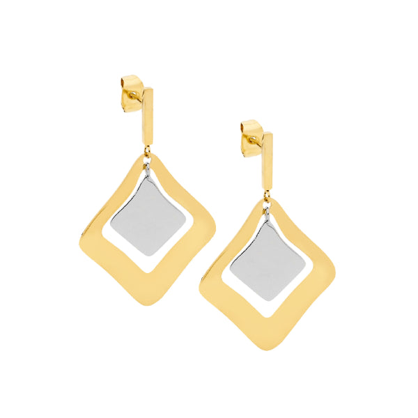 Ellani double square drop stud earrings in yellow gold plate and stainless steel