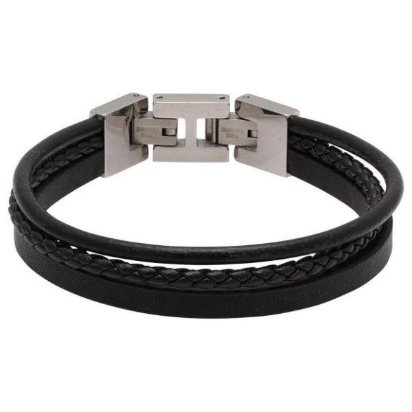 Rochet stanford steel and leather bracelet in black