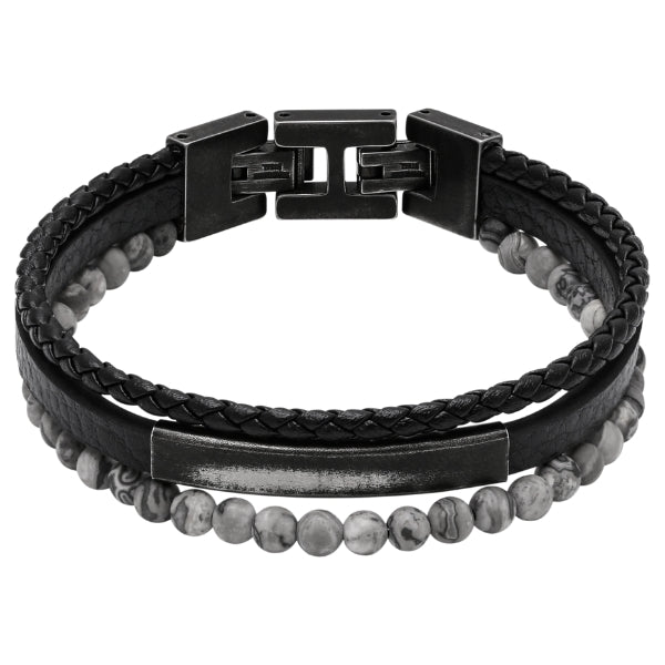 Rochet yale men's 3 strap bracelet in leather, jasper and vintage steel