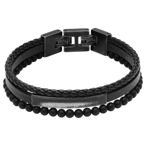 Rochet yale men's bracelet with black agate leather and vintage steel