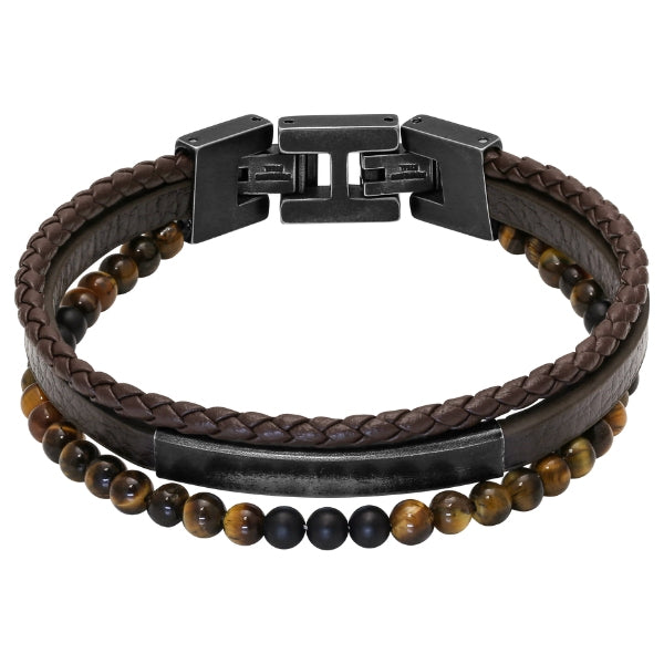 Rochet yale men's bracelet in brown leather and tigers eye bracelet and vintage steel