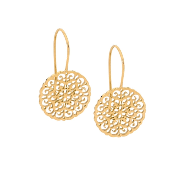 Ellani filigree discs on hooks in gold plated stainless steel
