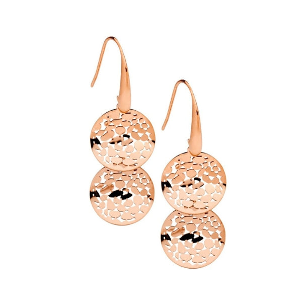 Ellani shepherds hook earrings with two wave discs in rose gold plated steel