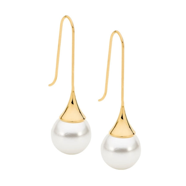 Ellani shell pearl ball drop earrings in yellow gold plated stainless steel