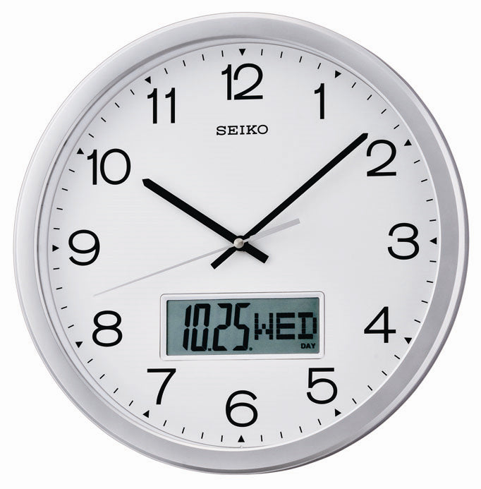 Seiko office analogue and digital wall clock with day and date in white