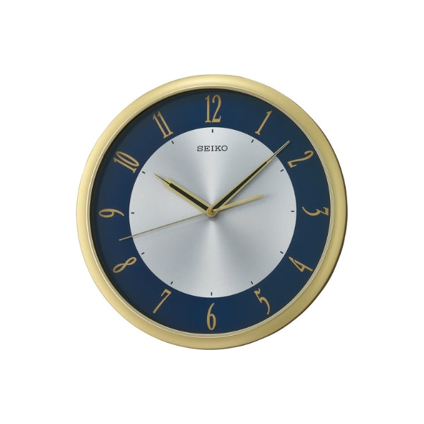 Seiko analogue wall clock in gold, blue and silver
