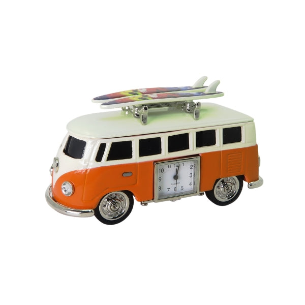Collectable combi van analogue clock with surf boards in orange/white