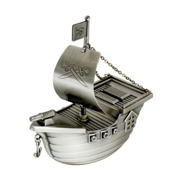 Pirate ship money box in pewter with engraving plate
