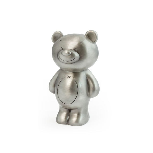 Teddy bear money box in pewter