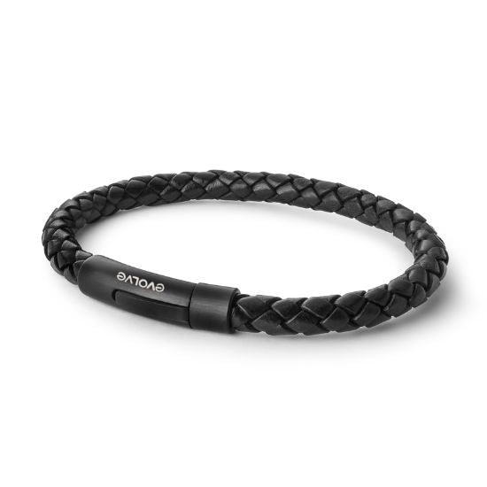 Evolve latitude black leather & black clasp bracelet 20cm
