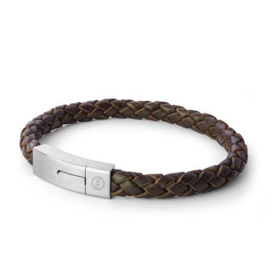 Evolve latitude brown leather & steel clasp bracelet 22cm