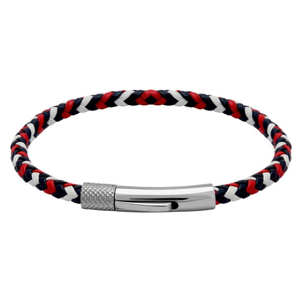 Rochet Driver men's bracelet in red, white and blue braided leather with steel clasp