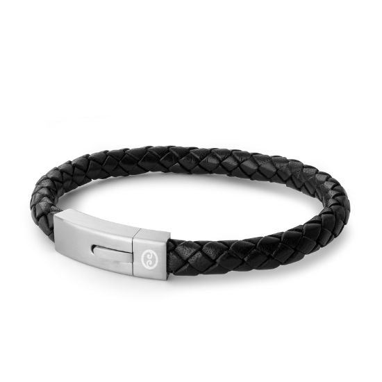 Evolve latitude black leather & steel clasp bracelet 22cm