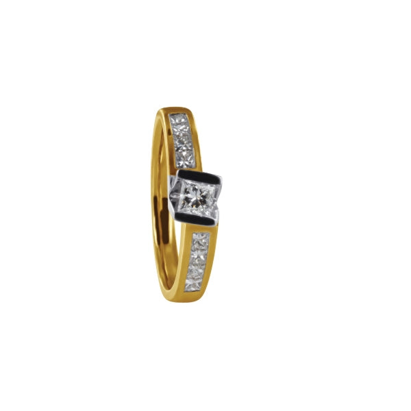 Penny - 18ct yellow and white gold princess cut diamond solitiare engagement ring with shoulder stones