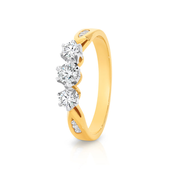 Noelle - 9ct yellow and white gold three stone 0.50ct diamond engagement, anniversary ring