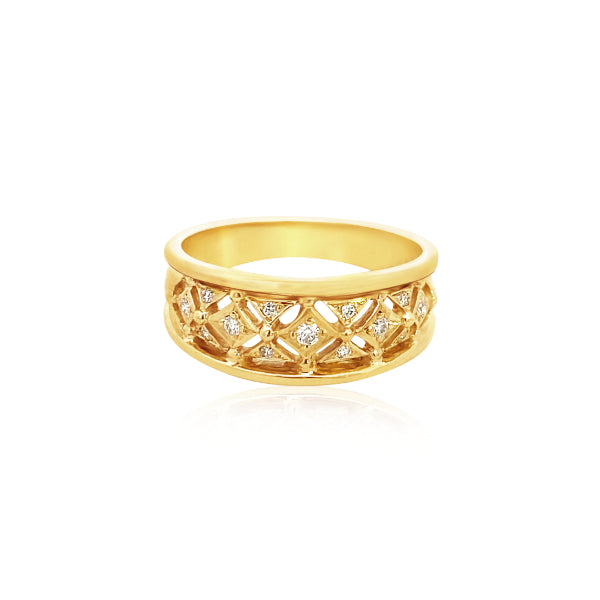 Lorena - 9ct yellow gold tapering band with diamond set lace design ring