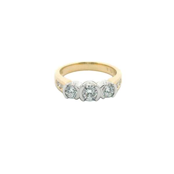 Sophie - 18ct two tone three stone semi- rubover ring with six channel set shoulder diamonds